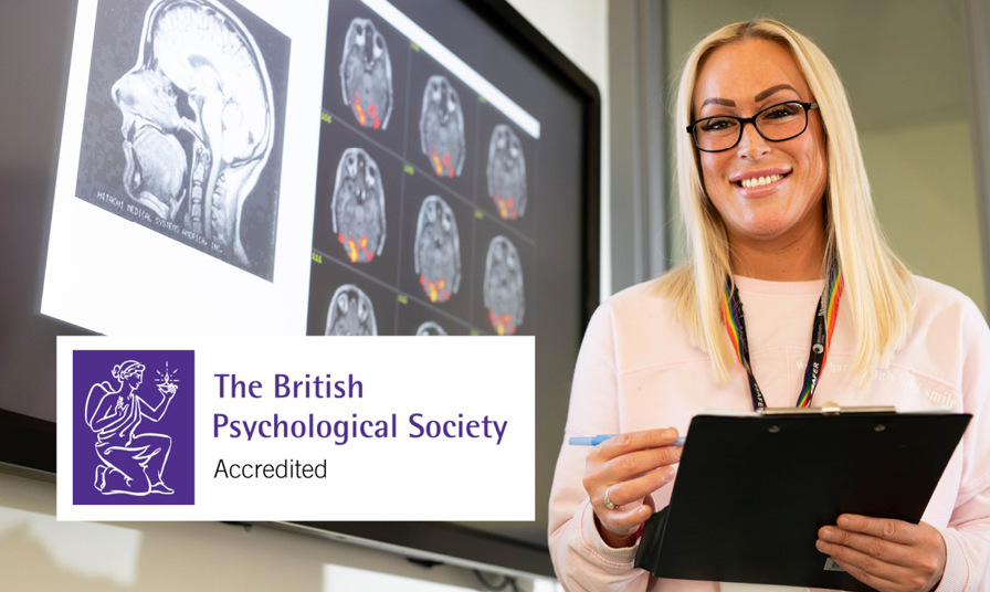The British Psychological Society logo over image of woman holding clipboard next to images of brains
