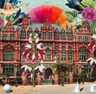 surreal art image of the Victoria building adorned with flowers and geometric shapes