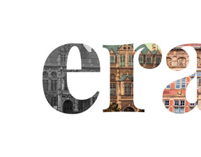era written with photographs of buildings inside the lettering