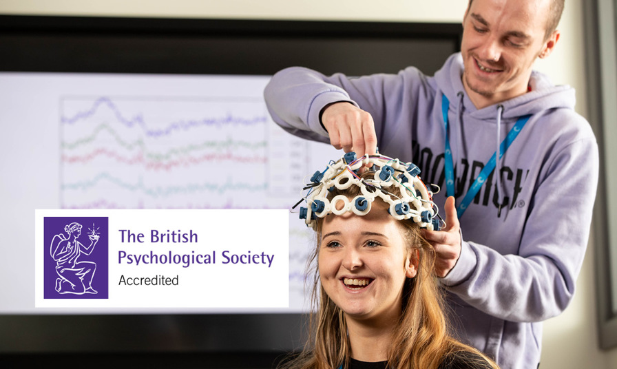 The British Psychological Society logo over image of man securing scientific monitoring equipment over womans head