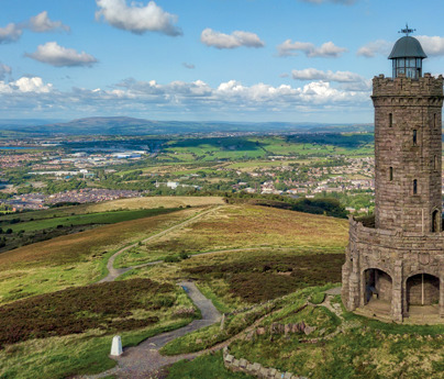 view with Darwen Tower and surrounding hills