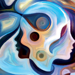 abstract colourful image of 2 opposing faces